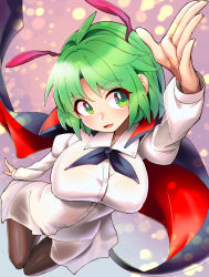 Rule 34 | 1girl, :d, antennae, black cape, black pants, blouse, breasts, cape, collared shirt, from above, green eyes, green hair, highres, large breasts, light particles, long sleeves, looking at viewer, open mouth, pants, shirt, short hair, smile, solo, touhou, umigarasu (kitsune1963), white shirt, wriggle nightbug