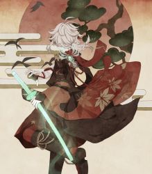 Rule 34 | 1boy, antenna hair, armor, bandaged hand, bandages, bird, black gloves, egasumi, fingerless gloves, from behind, genshin impact, gloves, glowing, glowing weapon, highres, holding, holding sword, holding weapon, japanese armor, japanese clothes, kaedehara kazuha, leaf print, leg up, male focus, multicolored hair, ponytail, red hair, red legwear, solo, streaked hair, sword, symbol-only commentary, vision (genshin impact), wan wa0, weapon, white hair