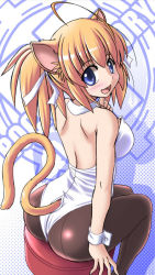 Rule 34 | 1girl, ahoge, animal ears, arched back, ass, back, blonde hair, blue eyes, cat ears, cat tail, curvy, kittysuit, long hair, looking back, nontraditional playboy bunny, original, pantyhose, pudding (tonpuu), ribbon, sitting, solo, stool, tail, tonpuu, twintails