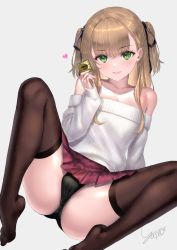 Rule 34 | 1boy, black panties, black thighhighs, blonde hair, bulge, condom, crossdressing, erection, erection under clothes, fishnet thighhighs, fishnets, green eyes, grey background, hair ribbon, highres, original, panties, ribbon, signature, simple background, skirt, solo, sweater, thighhighs, thighs, trap, underwear, white sweater, yapo (croquis side)