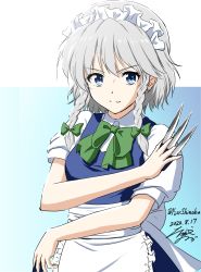 Rule 34 | 1girl, apron, artist name, back bow, between fingers, blue dress, blue eyes, bow, bowtie, braid, closed mouth, dated, dress, earrings, frilled apron, frills, green bow, green bowtie, hair bow, highres, holding, holding knife, izayoi sakuya, jewelry, knife, looking at viewer, maid, maid headdress, puffy short sleeves, puffy sleeves, shino-puchihebi, short hair, short sleeves, signature, silver hair, smile, solo, standing, stud earrings, touhou, twin braids, twitter username