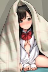 Rule 34 | 1girl, absurdres, between legs, black hair, blanket, blouse, blush, bottomless, bow, breasts, brown eyes, closed mouth, collared shirt, dress shirt, hand between legs, highres, long sleeves, looking at viewer, matsunaga kouyou, medium breasts, naked shirt, navel, no bra, nose blush, open clothes, open shirt, original, red bow, shirt, sitting, sleeves past wrists, solo, spread legs, white shirt