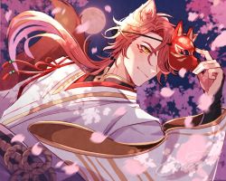 Rule 34 | 1boy, alternate costume, cain knightley, cherry blossoms, facial mark, japanese clothes, long hair, long sleeves, looking at viewer, mahoutsukai no yakusoku, male focus, mask, mask on head, mobugorilla, red eyes, red hair, smile, solo, wide sleeves