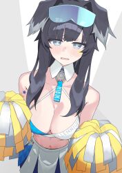 Rule 34 | 1girl, absurdres, animal ears, black hair, blue archive, blush, bodypaint, breasts, bright pupils, cleavage, collarbone, dog ears, facepaint, goggles, goggles on head, gosugasu, hibiki (blue archive), hibiki (cheer squad) (blue archive), highres, holding, holding pom poms, large breasts, looking at viewer, navel, official alternate costume, pleated skirt, pom pom (cheerleading), pom poms, sidelocks, skirt, solo, sports bra, star (symbol), stomach, two-tone sports bra, white pupils