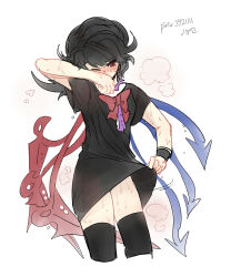 Rule 34 | 1girl, absurdres, artist name, asymmetrical wings, black dress, black hair, black thighhighs, blush, bow, bowtie, cowboy shot, dress, highres, houjuu nue, ichirugi, looking at viewer, nervous sweating, nose blush, one eye closed, pixiv id, red bow, red bowtie, red eyes, short dress, smell, solo, sweat, thighhighs, touhou, wings