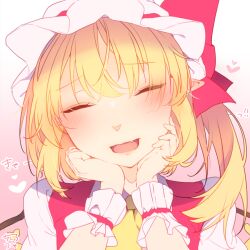Rule 34 | 1girl, ascot, chisiro unya (unya draw), closed eyes, facing viewer, fang, flandre scarlet, gradient background, hands on own chin, happy, hat, heart, long hair, mob cap, one side up, open mouth, pink background, portrait, puffy short sleeves, puffy sleeves, red ribbon, red vest, ribbon, ribbon-trimmed headwear, ribbon trim, shirt, short sleeves, solo, touhou, vest, white background, white hat, white shirt, wings, wrist cuffs, yellow ascot