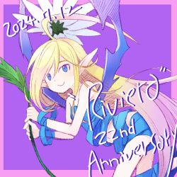 Rule 34 | 2024, ahoge, anniversary, bandaged wrist, bandages, bare shoulders, blonde hair, blue eyes, closed mouth, commentary, cowboy shot, dated, fairy, flower, holding, holding flower, huge ahoge, long hair, loose bandages, naked bandage, navel, pointy ears, purple background, riviera, tobe sunaho, very long hair, wings