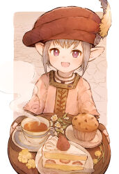 Rule 34 | 1girl, :d, beret, border, brown gloves, cake, cake slice, commentary, cup, daisy, drink, final fantasy, final fantasy xiv, fingerless gloves, flower, food, fork, gloves, grey hair, hat, hat feather, holding, holding tray, jacket, lalafell, looking at viewer, muffin, mugi kosuta, open mouth, outside border, pink background, pink eyes, pink jacket, pointy ears, red hat, saucer, short hair, smile, solo, steam, strawberry cake, tataru taru, tea, teacup, tray, upper body, white border, yellow flower