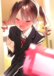 Rule 34 | 1girl, absurdres, blurry, blurry background, brown hair, commentary, closed eyes, gradient hair, highres, motion blur, multicolored hair, open mouth, original, rinku (rin9), school uniform, throwing, tsundere, twintails, two-tone hair, valentine