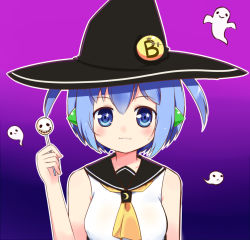 Rule 34 | 1girl, :3, black hat, blue eyes, blue hair, blush, candy, closed mouth, collarbone, food, gradient background, halloween, hat, linda b, linda b (linda b), lollipop, looking at viewer, original, purple background, short hair, short twintails, simple background, sleeveless, smile, solo, twintails, upper body, witch hat