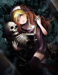 Rule 34 | 1girl, black thighhighs, blonde hair, blue eyes, braid, cross, cross necklace, death, flower, habit, hat, hat flower, holding hands, interlocked fingers, jewelry, long hair, necklace, original, parted lips, skeleton, skull, solo, thighhighs, twin braids, ume (illegal bible)