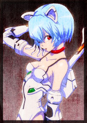Rule 34 | 1girl, :o, adapted costume, animal ears, arm at side, arm up, ayanami rei, black border, blue hair, border, breasts, cat ears, cat tail, cleavage, collar, collarbone, cowboy shot, diagonal stripes, elbow gloves, fake animal ears, fake tail, from side, gloves, hair between eyes, head tilt, highres, leotard, looking at viewer, medium breasts, neon genesis evangelion, one eye closed, p p p s, parted bangs, pilot suit, plugsuit, red eyes, sideboob, skinny, solo, standing, striped, striped background, super plugsuit, surprised, tail, triangle mouth, white gloves, white leotard, wink