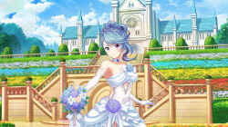 Rule 34 | blue hair, bouquet, breasts, bridget (deep one), church, cleavage, cleavage cutout, closed mouth, clothing cutout, deep one kyomu to mugen no fragment, dmm, dress, flower, large breasts, purple eyes, tagme, tiara, wedding dress, white dress