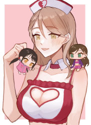 Rule 34 | 3girls, :d, absurdres, bare shoulders, blush, blush stickers, braid, breasts, broken heart, brown hair, chibi, cleavage, cleavage cutout, clothing cutout, collarbone, detached collar, docaster, earrings, etou misaki (idolmaster), flying sweatdrops, hat, heart, heart cutout, highres, idolmaster, idolmaster cinderella girls, jewelry, lifting person, looking at another, medium breasts, multiple girls, nakano yuka, nurse cap, off shoulder, on shoulder, open mouth, outside border, red tank top, sitting, smile, tank top, two-tone background, upper body, yanagi kiyora