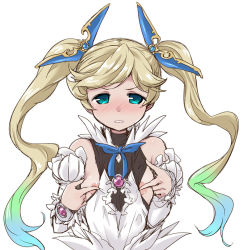 Rule 34 | 10s, 1girl, aqua eyes, areola slip, blonde hair, blush, covering nipples, covering privates, detached sleeves, dress, gradient hair, granblue fantasy, hair ornament, hirowa nagi, io (granblue fantasy), long hair, looking at viewer, multicolored hair, solo, tan, twintails, upper body