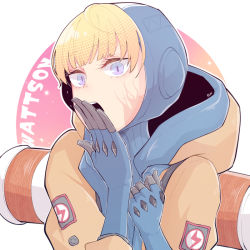 Rule 34 | 1girl, :o, animification, apex legends, backpack, bag, blue bodysuit, blue gloves, blue headwear, bodysuit, bungaw, character name, covered mouth, gloves, hood, hooded bodysuit, hooded jacket, jacket, open mouth, orange jacket, purple eyes, ribbed bodysuit, solo, wattson (apex legends)