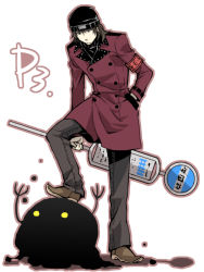 Rule 34 | (#)w(#), 1boy, aragaki shinjirou, armband, atlus, beanie, brown eyes, brown hair, coat, hat, male focus, persona, persona 3, simple background, solo, trench coat