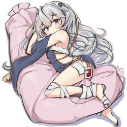 Rule 34 | 1girl, absurdres, bandaged foot, bandaged leg, bandages, bare shoulders, blood, blood bag, blue dress, blue eyes, blush, breasts, closed mouth, clothing cutout, commentary, covered mouth, dress, girls&#039; frontline, gold trim, hair between eyes, highres, j young, long hair, looking at viewer, no bra, hugging object, pillow, pillow hug, ribeyrolles (girls&#039; frontline), short sleeves, side cutout, silver hair, sleeveless, sleeveless dress, small breasts, solo, thighs, very long hair, white background, wide sleeves