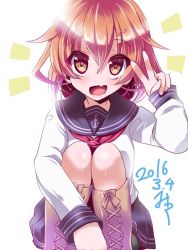 Rule 34 | 10s, 1girl, 2016, anchor symbol, boots, brown eyes, brown hair, cross-laced footwear, dated, fang, hair ornament, hairclip, ikazuchi (kancolle), kantai collection, knee boots, lace-up boots, looking at viewer, miuku (marine sapphire), open mouth, school uniform, serafuku, short hair, solo, v