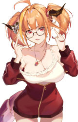 Rule 34 | 1girl, ahoge, blonde hair, bow, breasts, cleavage, collarbone, commentary request, diagonal-striped bow, double middle finger, dragon girl, dragon horns, dragon tail, glasses, hair bow, highres, hololive, horns, jacket, jewelry, kiryu coco, kiryu coco (loungewear), large breasts, long sleeves, looking at viewer, middle finger, multicolored hair, necklace, nihnfinite8, off shoulder, pendant, pointy ears, red eyes, red jacket, short hair, simple background, solo, streaked hair, striped, striped bow, tail, thighs, twintails, virtual youtuber, white background, white bow