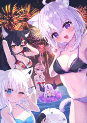 Rule 34 | 5girls, :d, ^ ^, absurdres, aerial fireworks, ahoge, animal ears, arm behind head, arms behind back, ball, bare arms, bare shoulders, beachball, bikini, bikini under clothes, black bikini, black hair, blue bikini, cat ears, cat girl, cat tail, closed eyes, commentary request, demon horns, feathered wings, fireworks, floral print, fox ears, fox shadow puppet, hair ornament, hairclip, head wings, highres, holding, holding ball, hololive, horns, innertube, la+ darknesss, masaki (msk064), multicolored hair, multiple girls, navel, nekomata okayu, night, night sky, ookami mio, ookami mio (hololive summer 2019), open mouth, outdoors, pink hair, print bikini, purple eyes, purple hair, red hair, shirakami fubuki, shirakami fubuki (hololive summer 2019), short shorts, shorts, sky, smile, standing, streaked hair, swim ring, swimsuit, tail, takane lui, v, virtual youtuber, water, white hair, white shorts, wings, wolf ears