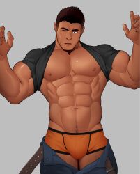Rule 34 | 1boy, abs, bara, bare pectorals, belt, biceps, boxer briefs, brown hair, bulge, chiseled face, clothes lift, clothes pull, cowboy shot, dark-skinned male, dark skin, edging underwear, hands up, highres, kansuke (kansuke 717), large pectorals, male focus, male underwear, muscular, muscular male, navel, navel hair, nipples, one eye closed, open belt, orange male underwear, original, pants, pants pull, pectorals, shirt behind neck, shirt lift, short hair, solo, sparse navel hair, standing, stomach, thick eyebrows, underwear