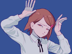 Rule 34 | 1girl, bad id, bad pixiv id, black ribbon, blue background, brown hair, closed mouth, collared shirt, commentary request, frown, furrowed brow, hair ornament, hairclip, half-closed eyes, hands up, head tilt, ichimura shiho, long sleeves, looking at viewer, midori (rgonkr), neck ribbon, odd taxi, phony (cevio), pink eyes, rabbit pose, ribbon, shirt, short hair, simple background, sleeve cuffs, solo, spoilers, swept bangs, tearing up, white shirt