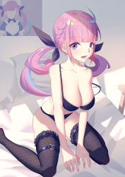Rule 34 | 1girl, absurdres, ahoge, akipopopopoon, aqua hair, bare shoulders, black bra, black panties, black thighhighs, blue ribbon, bra, braid, breasts, character portrait, cleavage, collarbone, colored inner hair, commentary, french braid, full body, hair ribbon, highres, hololive, indoors, large breasts, lingerie, long hair, minato aqua, multicolored hair, nail polish, navel, on bed, open mouth, panties, pink nails, poster (object), purple eyes, purple hair, ribbon, sitting, smile, solo, stomach, strap slip, streaked hair, teeth, thighhighs, twintails, underwear, virtual youtuber, wariza
