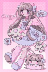 Rule 34 | 1girl, angel wings, bare shoulders, blue dress, blush, bow, brown hair, chibi, chibi inset, choker, collarbone, cross, cross necklace, dress, footwear bow, full body, gradient background, hair bow, hair intakes, hair ornament, hairclip, halo, heart, highres, holding, holding stuffed toy, jewelry, korean commentary, korean text, metametmonmong, necklace, off-shoulder dress, off shoulder, open mouth, original, outline, pink background, pink bow, pink eyes, pink leg warmers, pink ribbon, pink sleeves, pink theme, pink wings, polka dot, polka dot background, rabbit hair ornament, ribbon, single leg warmer, single tear, slippers, socks, solo, speech bubble, striped clothes, striped socks, stuffed animal, stuffed rabbit, stuffed toy, white background, white footwear, white outline, wings