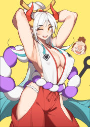 Rule 34 | 1boy, 1girl, :d, absurdres, armpits, arms behind head, bare shoulders, breasts, covered erect nipples, curled horns, earrings, green hair, hair ornament, hair stick, hanenosaki, highres, horns, japanese clothes, jewelry, kimono, kouzuki momonosuke, large breasts, long hair, looking at viewer, multicolored hair, one eye closed, one piece, oni, open mouth, red horns, rope, shimenawa, sideboob, simple background, sleeveless, smile, teeth, upper teeth only, weapon, white hair, yamato (one piece), yellow background