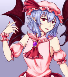 Rule 34 | 1girl, adapted costume, aged up, ascot, bad id, bad nicoseiga id, bare shoulders, bat wings, blue background, blue hair, breasts, brooch, commentary, detached sleeves, fangs, fingernails, frilled shirt collar, frills, gradient background, hair between eyes, hand up, hat, hat ribbon, highres, jewelry, looking at viewer, medium breasts, mob cap, nail polish, parted lips, pink hat, pointy ears, puffy short sleeves, puffy sleeves, red ascot, red eyes, red nails, red ribbon, red sash, remilia scarlet, ribbon, sash, sharp fingernails, short hair, short sleeves, solo, touhou, upper body, wings, wrist cuffs, zellam