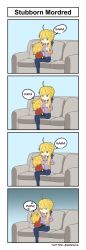 Rule 34 | 2cool4youu, 2girls, 4koma, aged down, ahoge, alternate costume, anger vein, arm up, artoria pendragon (all), artoria pendragon (fate), black pants, blonde hair, blue background, braid, braided bun, breasts, child, comic, commentary, couch, denim, english commentary, english text, fate/grand order, fate (series), grabbing own breast, green eyes, hair bun, highres, jeans, long hair, long sleeves, mature female, mordred (fate), mordred (fate/apocrypha), mother and daughter, multiple girls, pants, ponytail, purple shirt, red shirt, saber (fate), shirt, sidelocks, sitting, speed lines