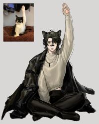 Rule 34 | 1boy, absurdres, ahoge, animal, animal ears, arm up, bandaid, bandaid on face, bandaid on nose, between legs, black coat, black footwear, black hair, cat, cat boy, cat ears, closed mouth, coat, coat on shoulders, collared coat, commentary, crossed legs, daikonologist, english commentary, fingerless gloves, gloves, grey background, hand between legs, highres, indian style, jewelry, long sleeves, looking at viewer, male focus, midriff peek, necklace, original, paw print palms, personification, reference inset, short hair, simple background, sitting, slit pupils, sweater, white gloves, white sweater, yellow eyes