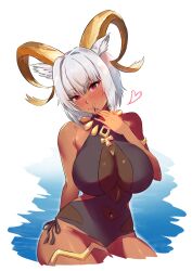 Rule 34 | 1girl, :q, absurdres, animal ears, arknights, bare shoulders, black nails, black one-piece swimsuit, blush, breasts, carnelian (arknights), carnelian (shimmering dew) (arknights), casual one-piece swimsuit, closed mouth, covered navel, crossed legs, dark-skinned female, dark skin, goat ears, goat girl, goat horns, highres, horns, impossible clothes, impossible swimsuit, jewelry, large breasts, looking at viewer, nail polish, necklace, official alternate costume, one-piece swimsuit, red eyes, rika (akarika057), short hair, simple background, smile, solo, swimsuit, thighlet, tongue, tongue out, white background, white hair