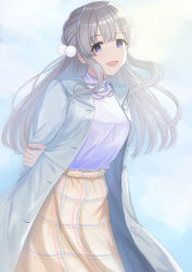 Rule 34 | 1girl, absurdres, arms behind back, bandaid, bandaid on face, bandaid on forehead, blue coat, brown skirt, cloud, cloudy sky, coat, edelweiss (wsparkz), grey hair, hair ornament, hairclip, highres, idolmaster, idolmaster shiny colors, jewelry, long hair, long skirt, necklace, open clothes, open coat, open mouth, plaid, plaid skirt, purple eyes, shirt tucked in, skirt, sky, smile, solo, turtleneck, yukoku kiriko