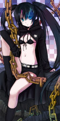 Rule 34 | 10s, bikini, bikini top only, black bikini, black hair, black rock shooter, black rock shooter (character), blue eyes, boots, chain, coat, flat chest, front-tie top, kaida michi, legs, long hair, midriff, navel, scar, shorts, solo, star (symbol), swimsuit, thighs, twintails, uneven twintails