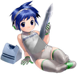 Rule 34 | 1girl, androgynous, arm support, bare shoulders, blue eyes, blue hair, bodysuit, child, clothing cutout, full body, gem, gloves, grey gloves, grey thighhighs, halterneck, headphones, holding, leotard, light smile, looking at viewer, matching hair/eyes, navel, navel cutout, oversized object, pen, reclining, satou toshiyuki, short hair, simple background, smile, solo, thighhighs, turtleneck, white background