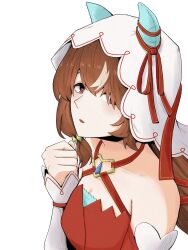 Rule 34 | 1girl, animal ears, blush, breasts, brown hair, cleavage, clenched hand, collarbone, commentary request, detached sleeves, hair between eyes, hair ornament, highres, horse ears, horse girl, long hair, looking at viewer, open mouth, portrait, red eyes, simple background, small breasts, solo, still in love (umamusume), umamusume, veil, wakita otk, white background