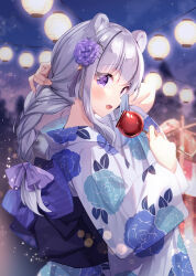 Rule 34 | 1girl, :d, animal ear fluff, animal ears, arm behind head, blue bow, blurry, blurry background, bow, braid, candy apple, cloud, commentary request, depth of field, floral print, flower, food, hair flower, hair ornament, hairclip, hands up, highres, holding, holding food, irori, japanese clothes, kimono, lantern, long hair, long sleeves, looking at viewer, looking to the side, night, night sky, obi, open mouth, original, outdoors, paper lantern, print kimono, purple eyes, purple flower, sash, single braid, sky, smile, solo, star (sky), striped, striped bow, white kimono, wide sleeves, x hair ornament, yukata