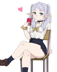 Rule 34 | 1girl, black choker, black skirt, black socks, blue nails, bowtie, brown footwear, chair, choker, closed mouth, collarbone, collared shirt, crossed legs, cutiemachina, dangle earrings, earrings, elf, frieren, green eyes, grey hair, gyaru, heart, heart choker, highres, holding, holding phone, kogal, loafers, looking at viewer, nail polish, phone, pointy ears, pursed lips, school chair, school uniform, scrunchie, shirt, shoes, simple background, sitting, skirt, socks, solo, sousou no frieren, thighs, twintails, white background, white shirt, wrist scrunchie, yellow bow, yellow bowtie