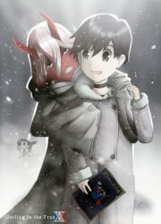 Rule 34 | 10s, 1boy, 1girl, black hair, blue eyes, book, coat, colored sclera, colored skin, couple, darling in the franxx, green eyes, grey coat, hiro (darling in the franxx), holding, holding book, horns, john carvie, long hair, looking back, oni horns, parka, pink hair, red sclera, red skin, short hair, snow, snowing, spoilers, winter clothes, winter coat, zero two (darling in the franxx)