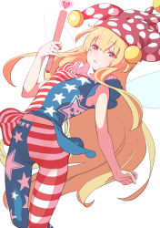 Rule 34 | 1girl, absurdres, american flag dress, american flag legwear, bare arms, blonde hair, breasts, clownpiece, commentary request, fairy wings, hat, heart, highres, holding, jester cap, kawayabug, long hair, looking at viewer, midriff, neck ruff, pantyhose, polka dot, red eyes, simple background, sleeveless, small breasts, solo, star (symbol), striped, torch, touhou, very long hair, white background, wings