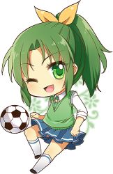 Rule 34 | 10s, 1girl, ;d, bad id, bad pixiv id, ball, cardigan, chibi, eyelashes, full body, green eyes, green hair, green necktie, green sweater vest, kneehighs, long hair, lowres, matching hair/eyes, midorikawa nao, moorina, necktie, no nose, one eye closed, open mouth, ponytail, precure, skirt, sleeves rolled up, smile, smile precure!, soccer ball, socks, solo, sweater vest, telstar, white background, white socks, wink
