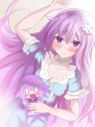 Rule 34 | 1girl, akario tuji0234, annoyed, bed, breasts, choker, cleavage, d-pad, d-pad hair ornament, hair ornament, highres, long hair, nepgear, neptune (neptunia), neptune (series), night gown, pout, pouting, purple eyes, purple hair, small breasts, stuffed toy, waiting