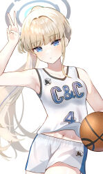 Rule 34 | 1girl, alternate costume, alternate hairstyle, aoraine, arm up, armpits, ball, basketball (object), blonde hair, blue archive, blue eyes, blue halo, blunt bangs, commentary request, cowboy shot, halo, highres, long hair, looking at viewer, midriff peek, navel, ponytail, print shirt, shirt, shorts, simple background, single sidelock, sleeveless, sleeveless shirt, solo, sweat, toki (blue archive), v, white background, white shirt, white shorts