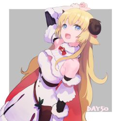 Rule 34 | 1girl, :d, ahoge, animal ears, arms up, bare shoulders, belt pouch, blonde hair, bow, bowtie, breasts, brooch, cape, detached sleeves, dress, dutch angle, fur-trimmed cape, fur-trimmed dress, fur-trimmed sleeves, fur trim, hair ornament, hairclip, hatomugi seika, highres, hololive, horns, jewelry, large breasts, long hair, looking at viewer, open mouth, pink cape, pouch, purple eyes, red bow, red bowtie, ribbed sleeves, sheep ears, sheep girl, sheep horns, sleeveless, sleeveless dress, smile, solo, tsunomaki watame, tsunomaki watame (1st costume), two-sided cape, two-sided fabric, very long hair, virtual youtuber, white dress