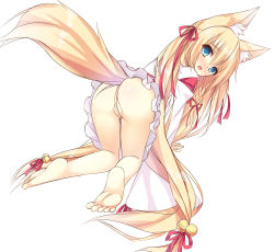 Rule 34 | 1girl, absurdres, all fours, animal ears, barefoot, bell, blonde hair, blue eyes, blush, bottomless, convenient censoring, d:, fang, feet, fox ears, fox tail, frills, full body, hair bell, hair ornament, hair ribbon, highres, japanese clothes, jingle bell, long hair, looking at viewer, looking back, miko, minatsuki kou, open mouth, original, ribbon, tail, tail censor, tears, very long hair