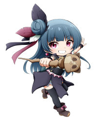 Rule 34 | 1girl, black feathers, black scrunchie, black skirt, black thighhighs, blue hair, boots, brown footwear, chibi, earrings, feathers, from side, full body, genjitsu no yohane, grin, hair bun, heart, heart earrings, highres, holding, holding staff, jewelry, kuena, long hair, looking at viewer, looking to the side, love live!, love live! sunshine!!, outstretched arm, purple eyes, red feathers, scrunchie, shirt, short sleeves, simple background, single side bun, skirt, smile, solo, staff, standing, standing on one leg, thighhighs, thighhighs under boots, tsushima yoshiko, very long hair, white background, white feathers, white shirt, wrist scrunchie