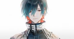Rule 34 | 1boy, aqua hair, black hair, closed mouth, colored inner hair, forever 7th capital, hair between eyes, light particles, looking at viewer, male focus, multicolored hair, orange hair, portrait, renjian shilian, short hair, simple background, smile, solo, turtleneck, white background, zhong yao