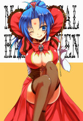 Rule 34 | 1girl, ;q, bad id, bad pixiv id, blue eyes, blue hair, breasts, brown thighhighs, choker, cleavage, copyright name, crown, dress, facial mark, forehead mark, gloves, large breasts, long hair, magical halloween, matching hair/eyes, nanatsugumi, one eye closed, ponytail, red dress, rosemary bergamot, smile, solo, thighhighs, tongue, tongue out, white gloves, wink